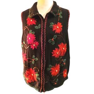 Y2K Vintage Womens L knit Christmas sweater vest poinsettia blk red embroidery